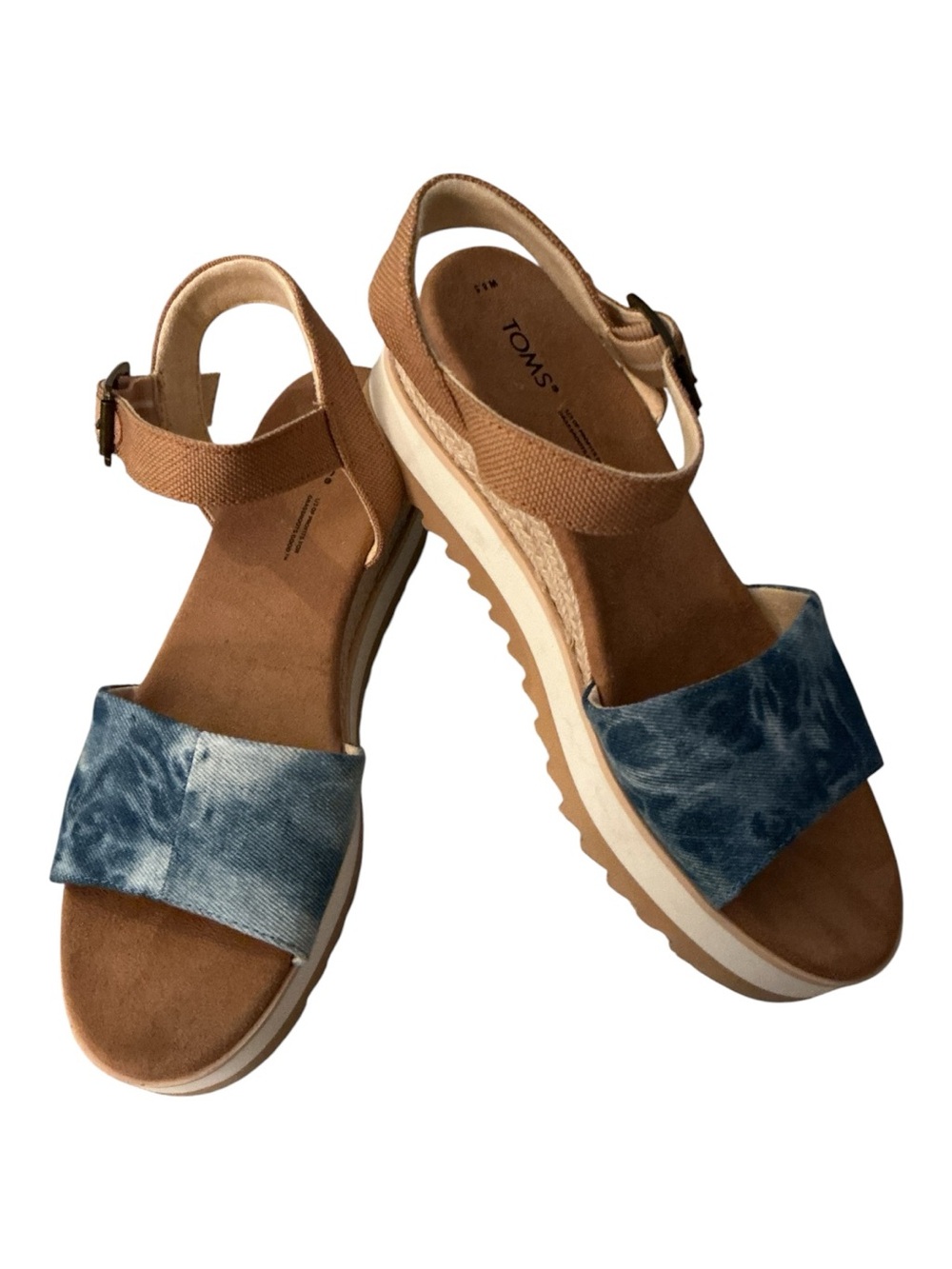 NWT Toms denim Strap & Tan Ankle Strap wedge Sandal beach casual feminine cozy